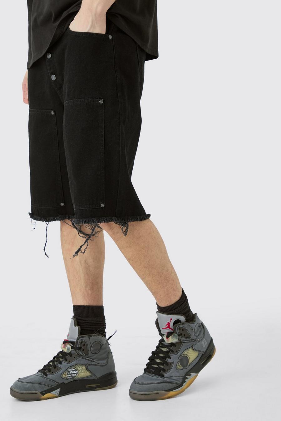 Black Tall Gebleekte Baggy Keperstof Utility Shorts Met Tailleband