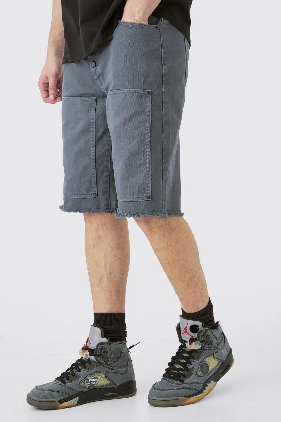 Charcoal Tall Gebleekte Baggy Keperstof Utility Shorts Met Tailleband