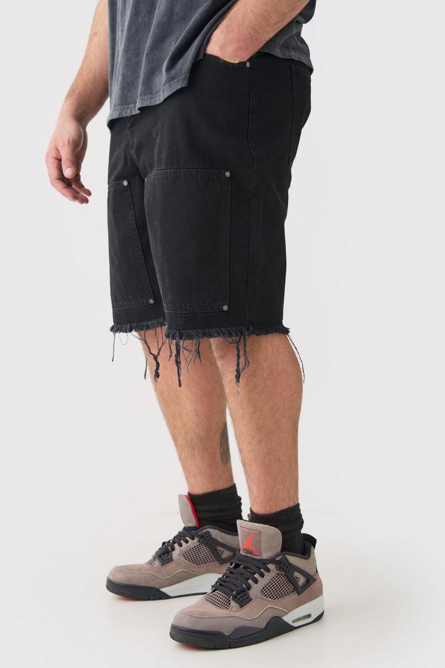 Pantalón corto Plus de sarga holgado estilo carpintero con cintura fija y lavado a la piedra, Black