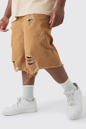 Plus Fixed Waist Distressed Twill Jort brown