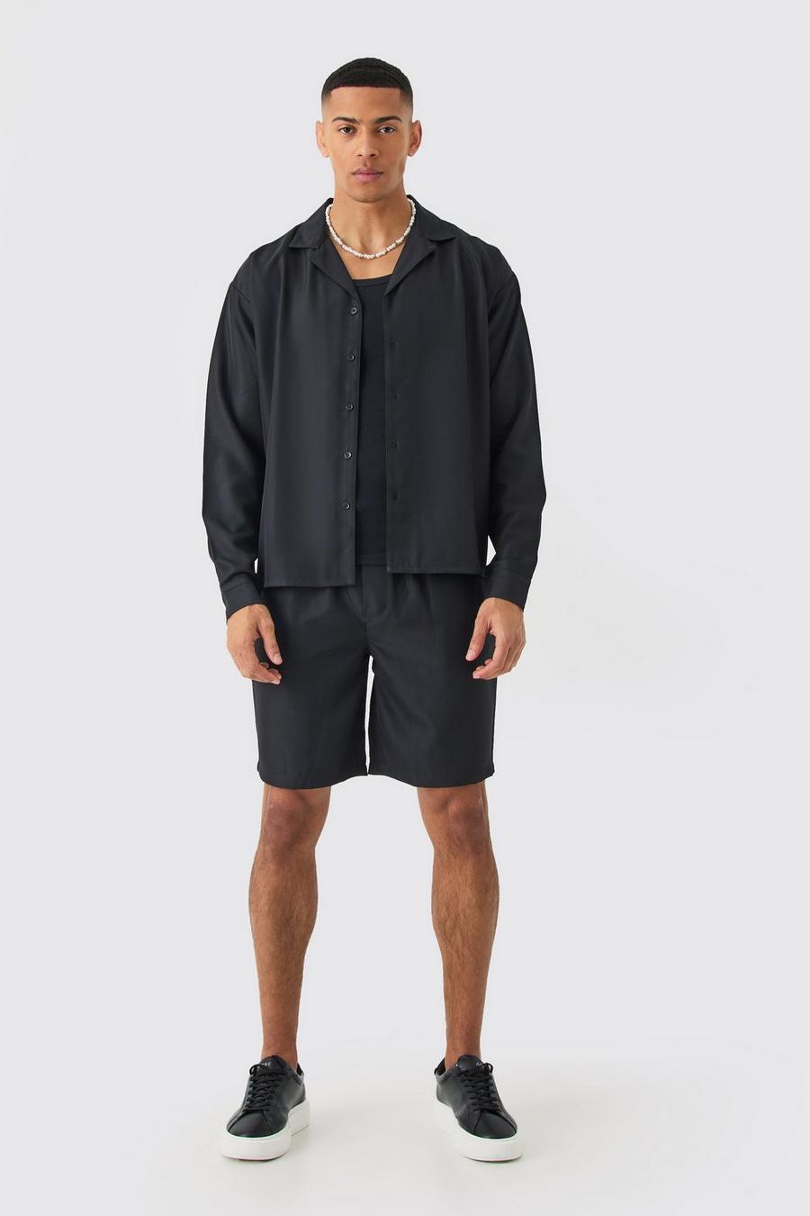 Black Zacht Boxy Keperstof Overhemd En Shorts