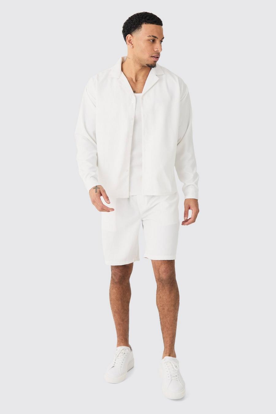 Pantalón corto y camisa recta de sarga suave, White image number 1