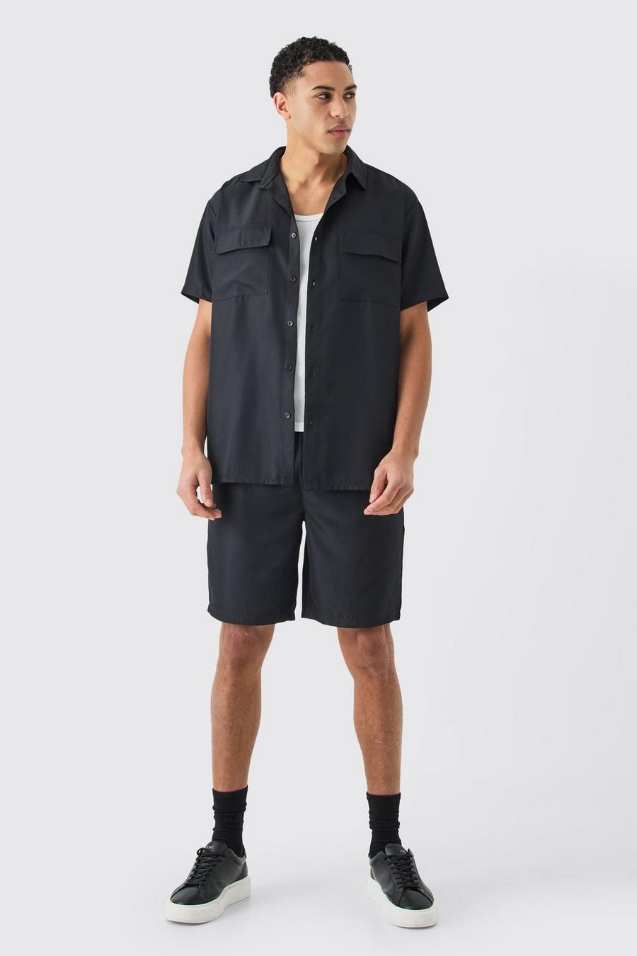 Black Short Sleeve Soft Twill Overshirt And Short Set  image number 1