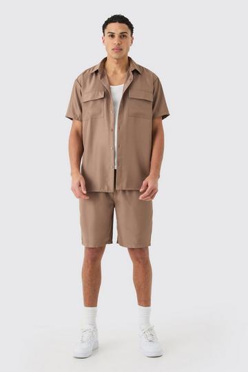 Short Sleeve Soft Twill Overshirt And Short Set taupe