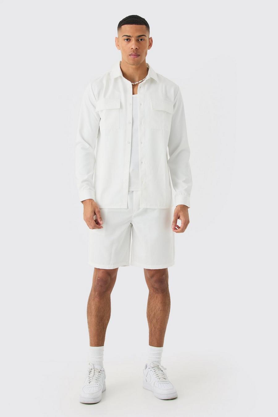 White Soft Twill Overshirt And Short Set 