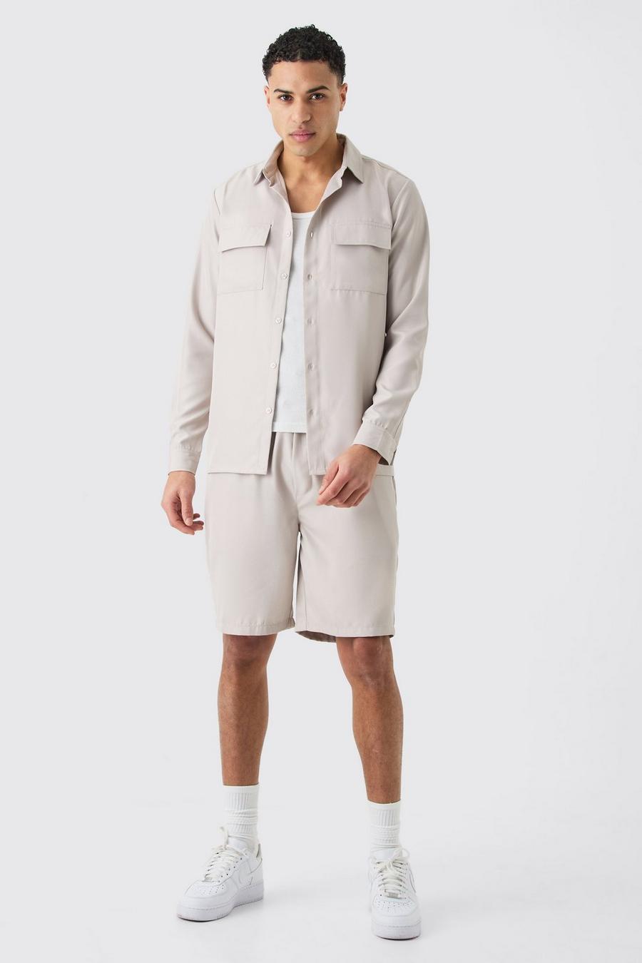 Pale grey Zacht Keperstof Overhemd En Shorts Set image number 1