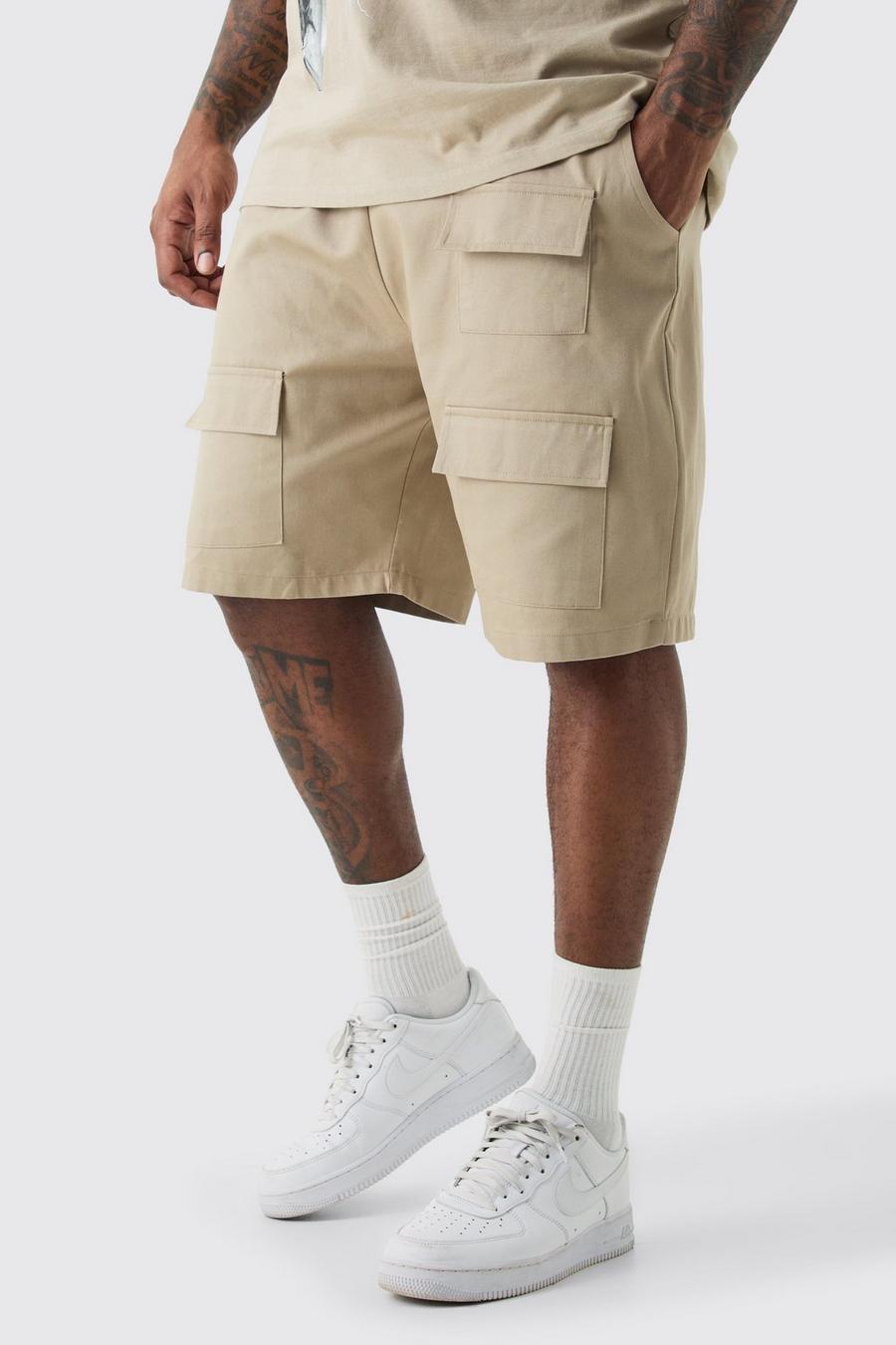 Pantalón corto Plus utilitario de sarga holgado con cintura elástica, Stone
