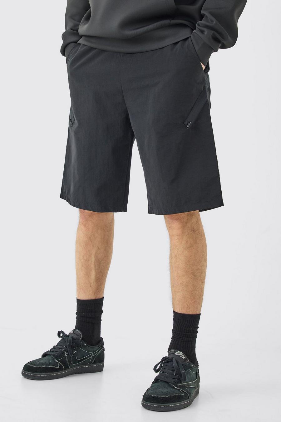 Pantaloncini Tall asimmetrici con vita elasticizzata e zip, Black