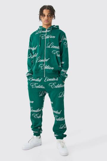 Limited Edition Script All Over Print Zip Hooded Tracksuit forest