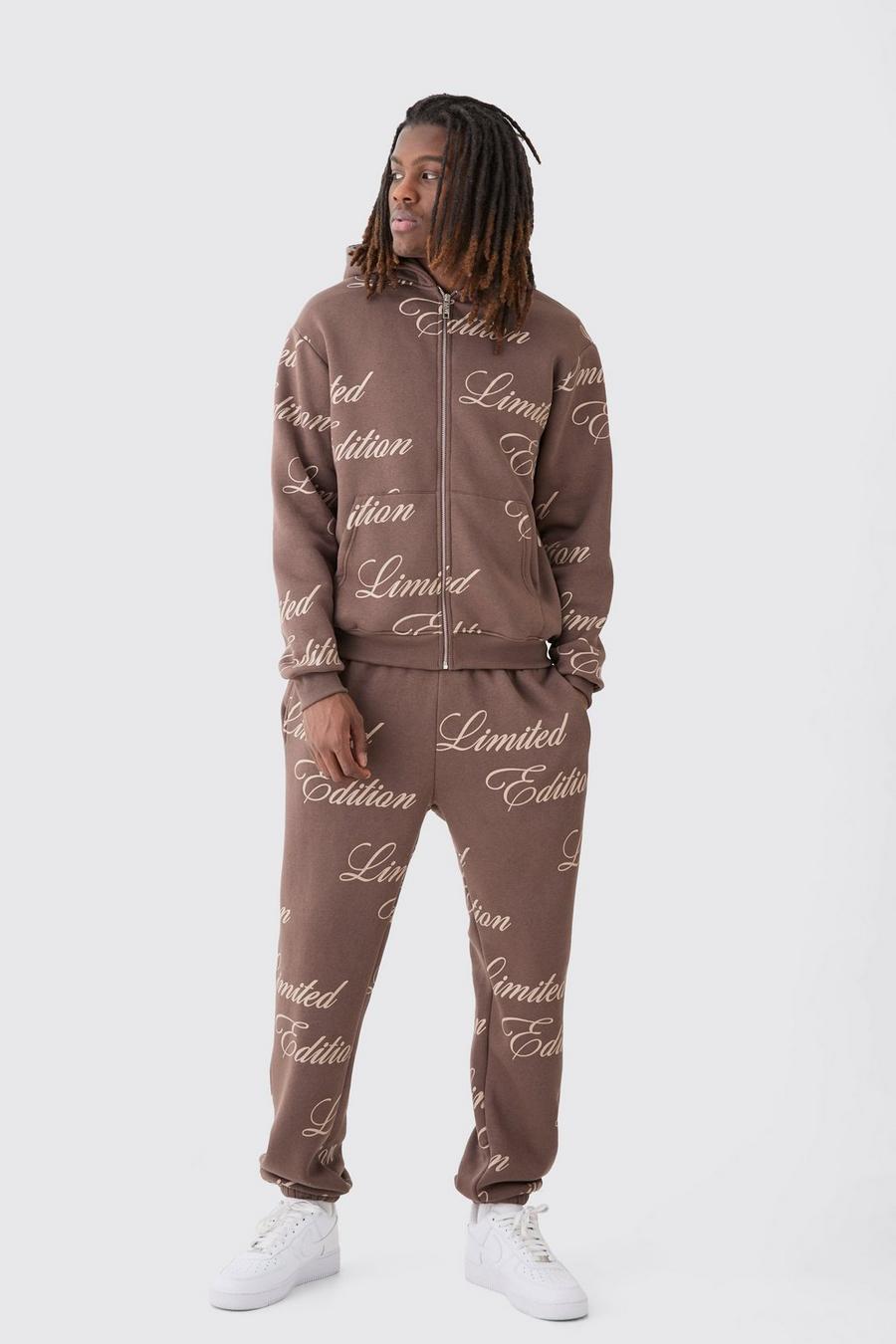 Chocolate Limited Edition Script All Over Print Zip Hooded Tracksuit image number 1