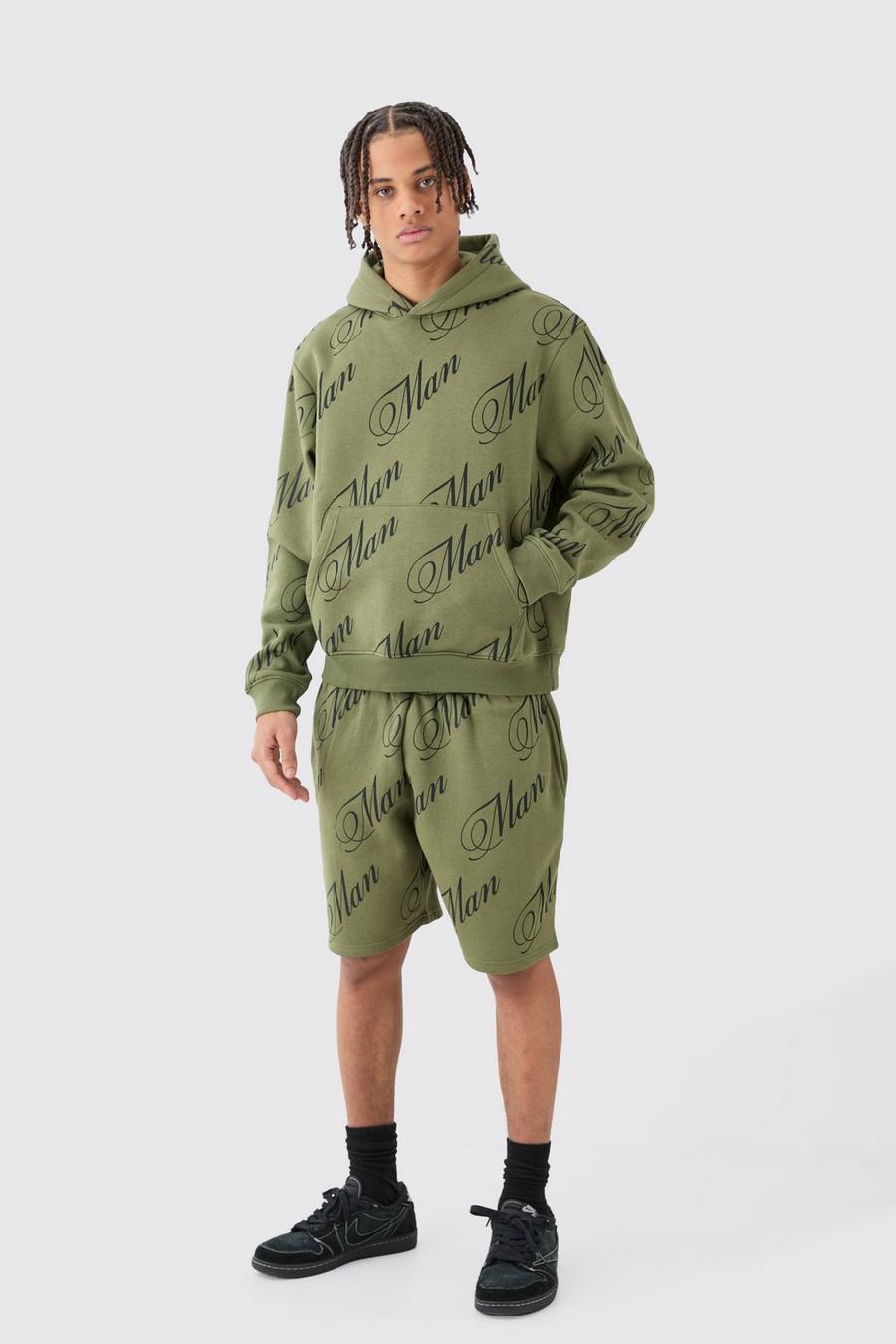 Olive Man Script All Over Print Boxy Hooded Short Tracksuit
