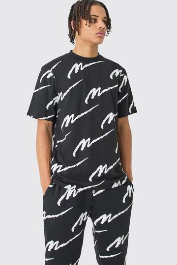 Man Signature All Over Print Tshirt & Sweatpant Set black