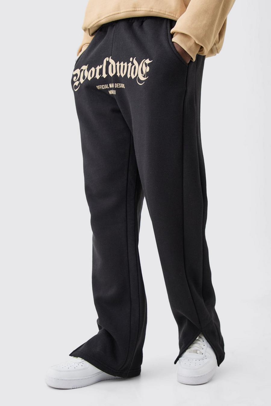 Pantalón deportivo con abertura en el bajo y estampado Worldwide en la entrepierna, Black image number 1