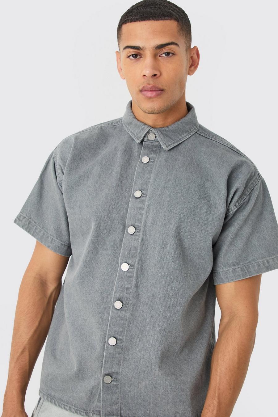 Mid grey grå Short Sleeve Boxy Fit Denim Shirt
