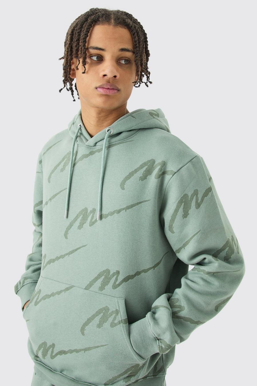 Sage green Man Signature All Over Print Hoodie