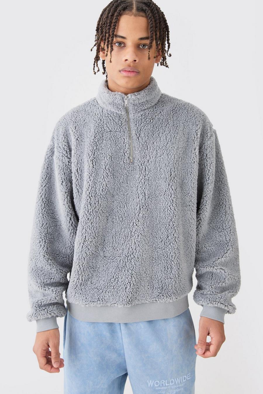 Kastiges Oversize Borg-Sweatshirt mit Trichterkragen, Light grey
