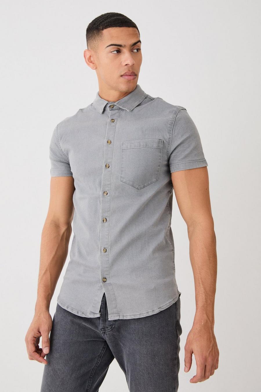 Mid grey Short Sleeve Muscle Fit Denim Shirt image number 1