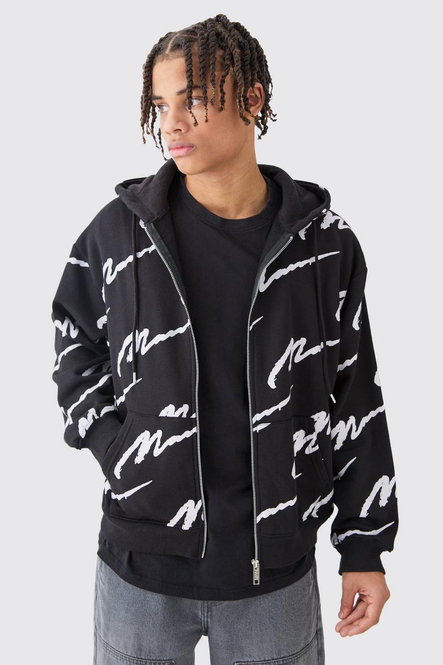Black Man Signature All Over Print Boxy Zip Through Hoodie image number 1
