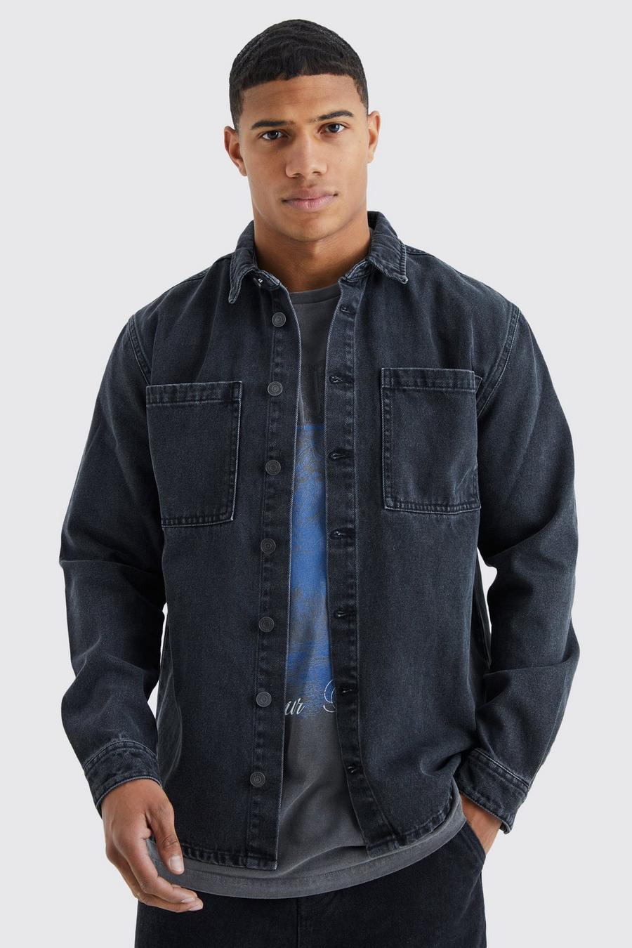 Washed black Långärmad skjortjacka i denim image number 1