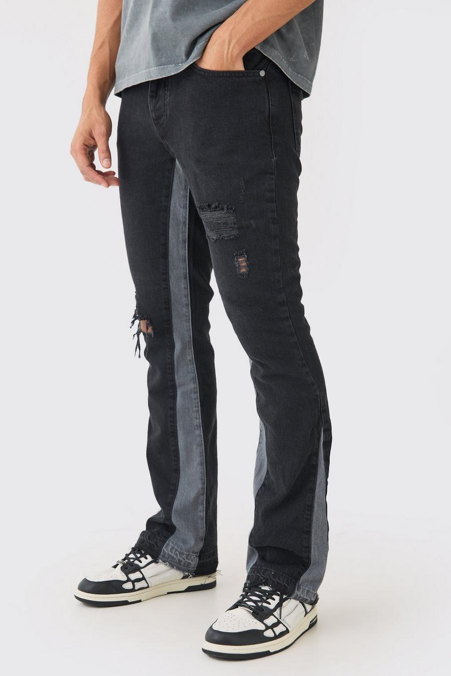 Washed black Slim Flare Distressed Panel Jeans image number 1