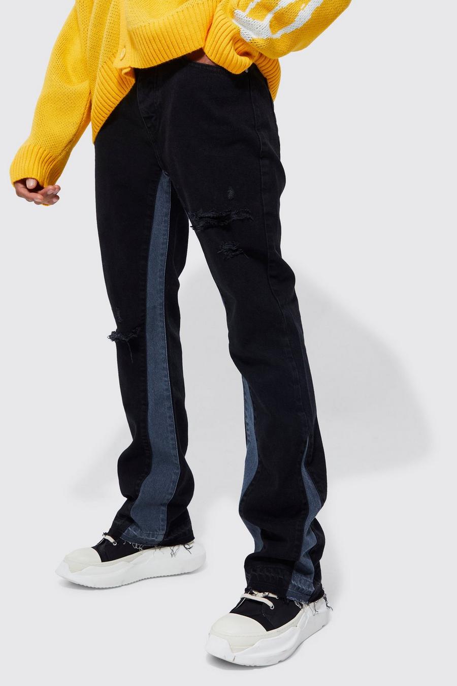 Jeans a zampa Slim Fit con pannelli e smagliature, Black image number 1