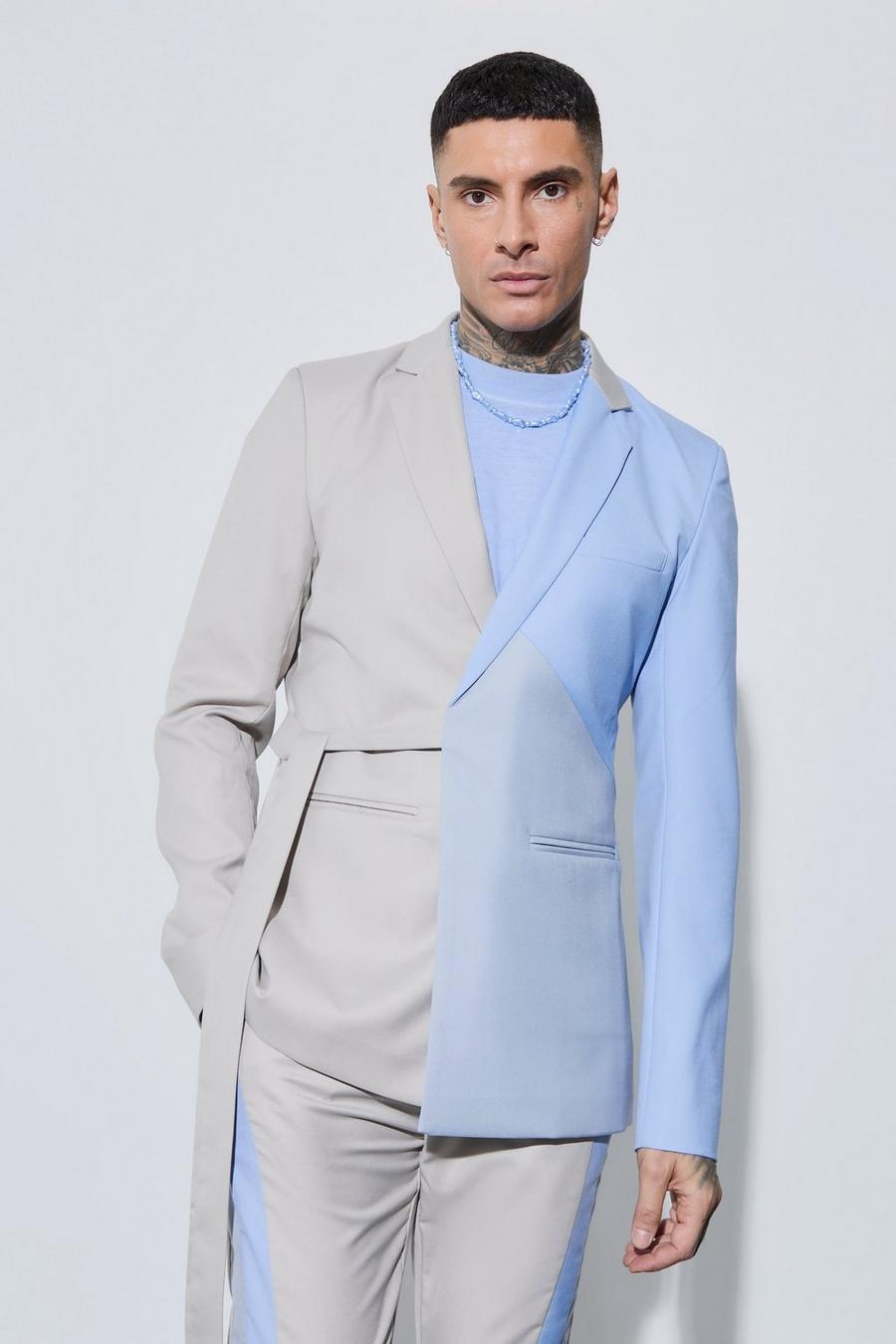 Blue Tall Skinny Fit Colour Block Wrap Front Blazer image number 1