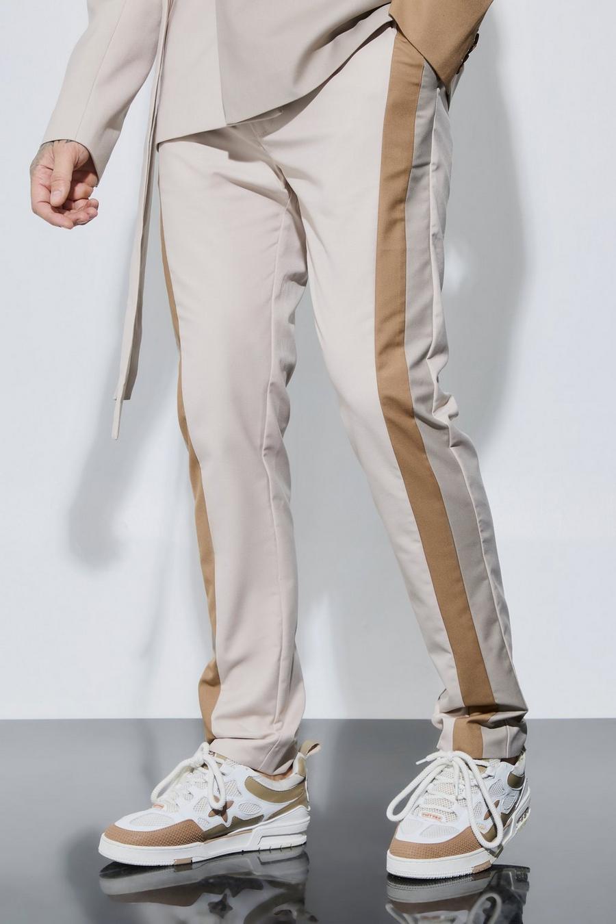 Stone Tall Skinny Fit Colour Block Panel Suit Trouser