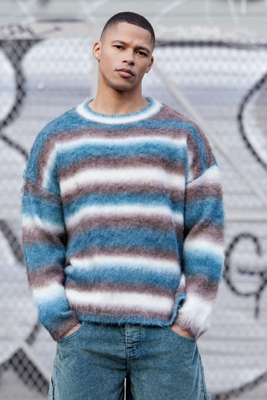 Regular Knitted Brushed Stripe Sweater In Brown image number 1