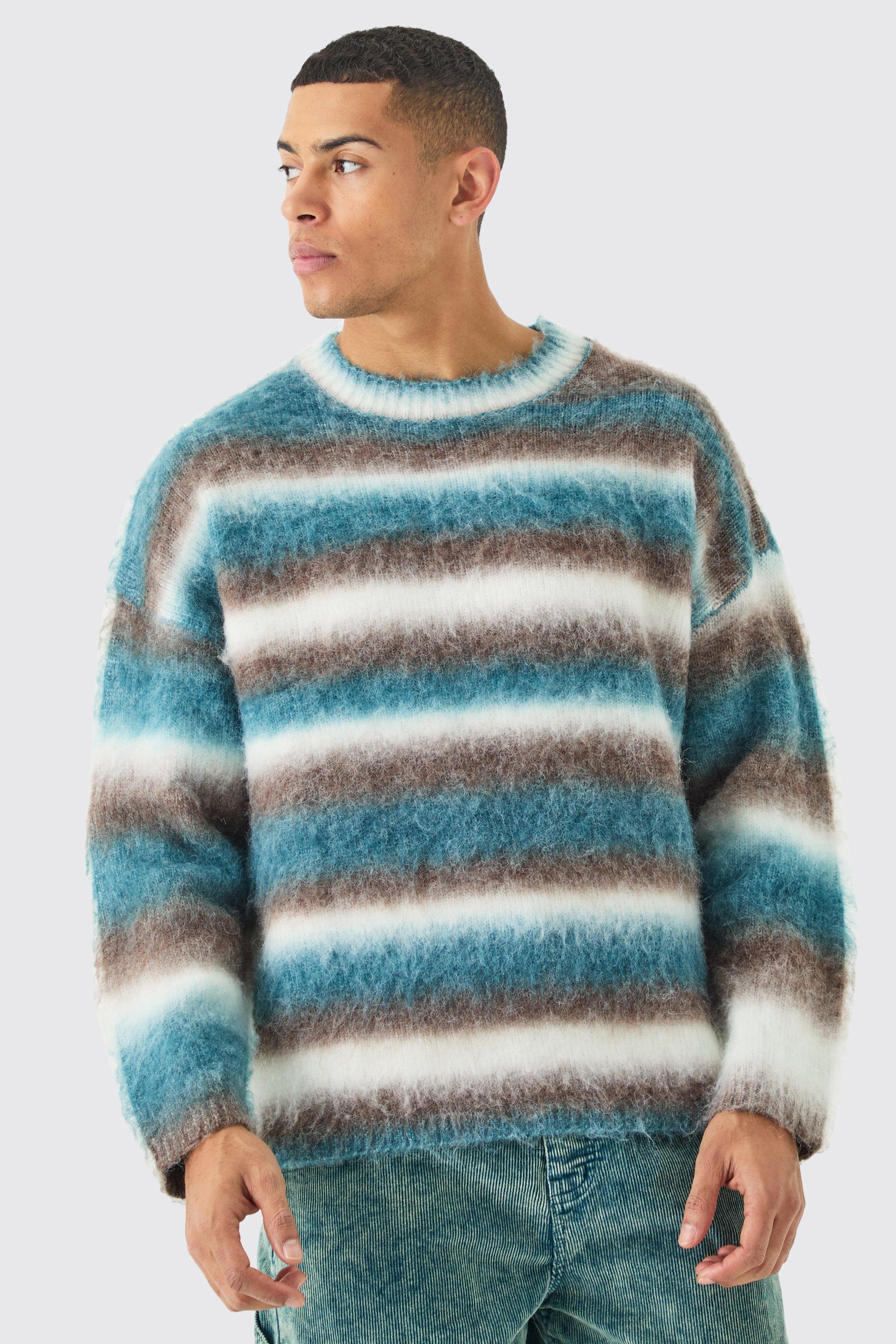 Regular Knitted Brushed Stripe Sweater In Brown