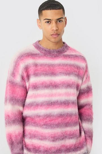 Pink Regular Knitted Brushed Stripe Sweater In Pink