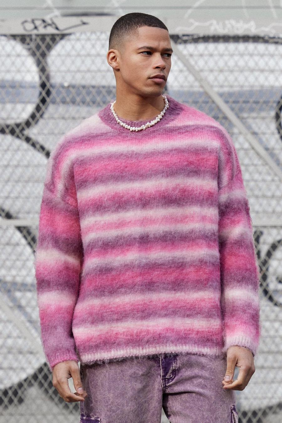 Regular Knitted Brushed Stripe Sweater In Pink image number 1