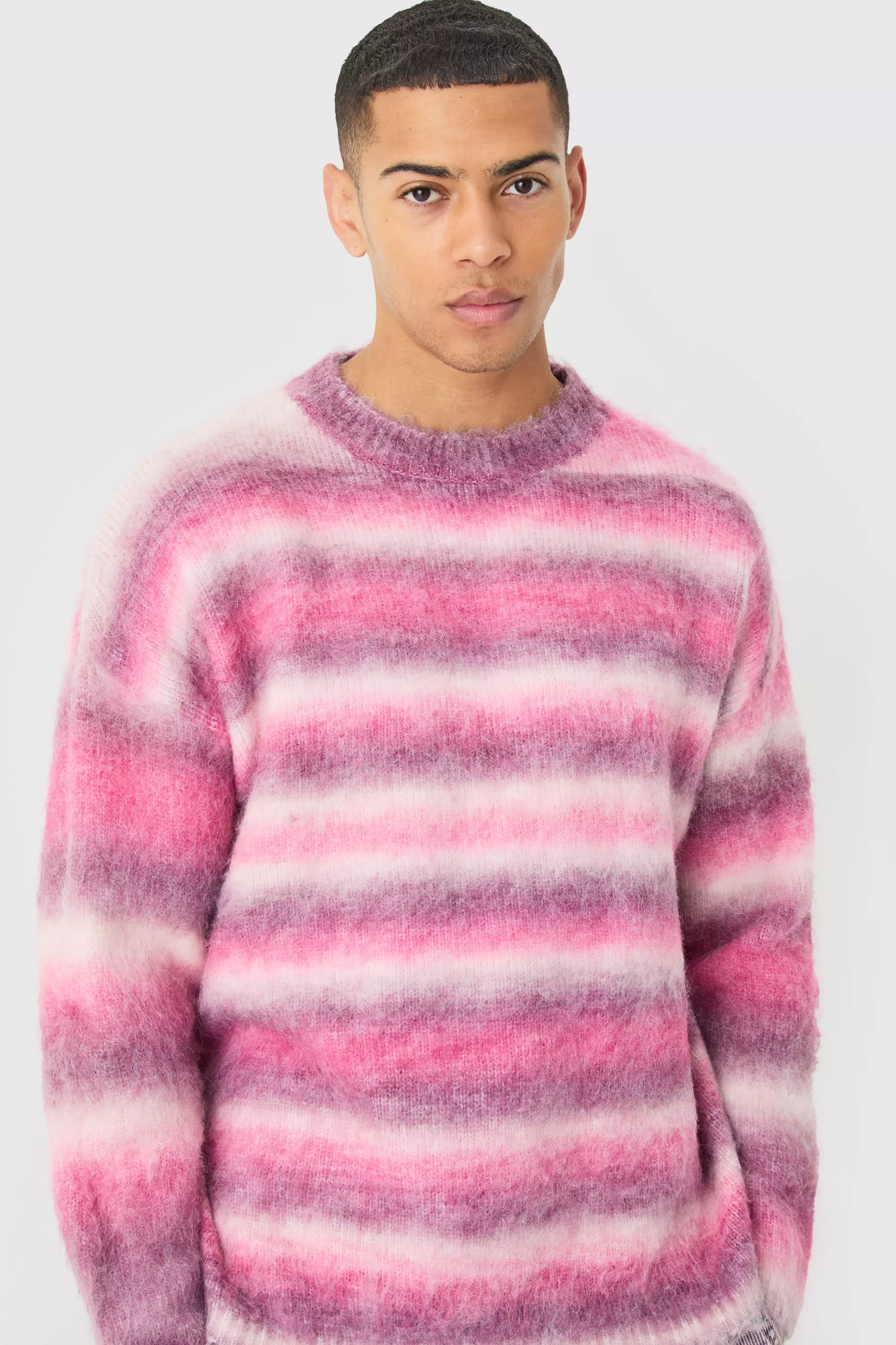 Regular Knitted Brushed Stripe Sweater In Pink alternative image