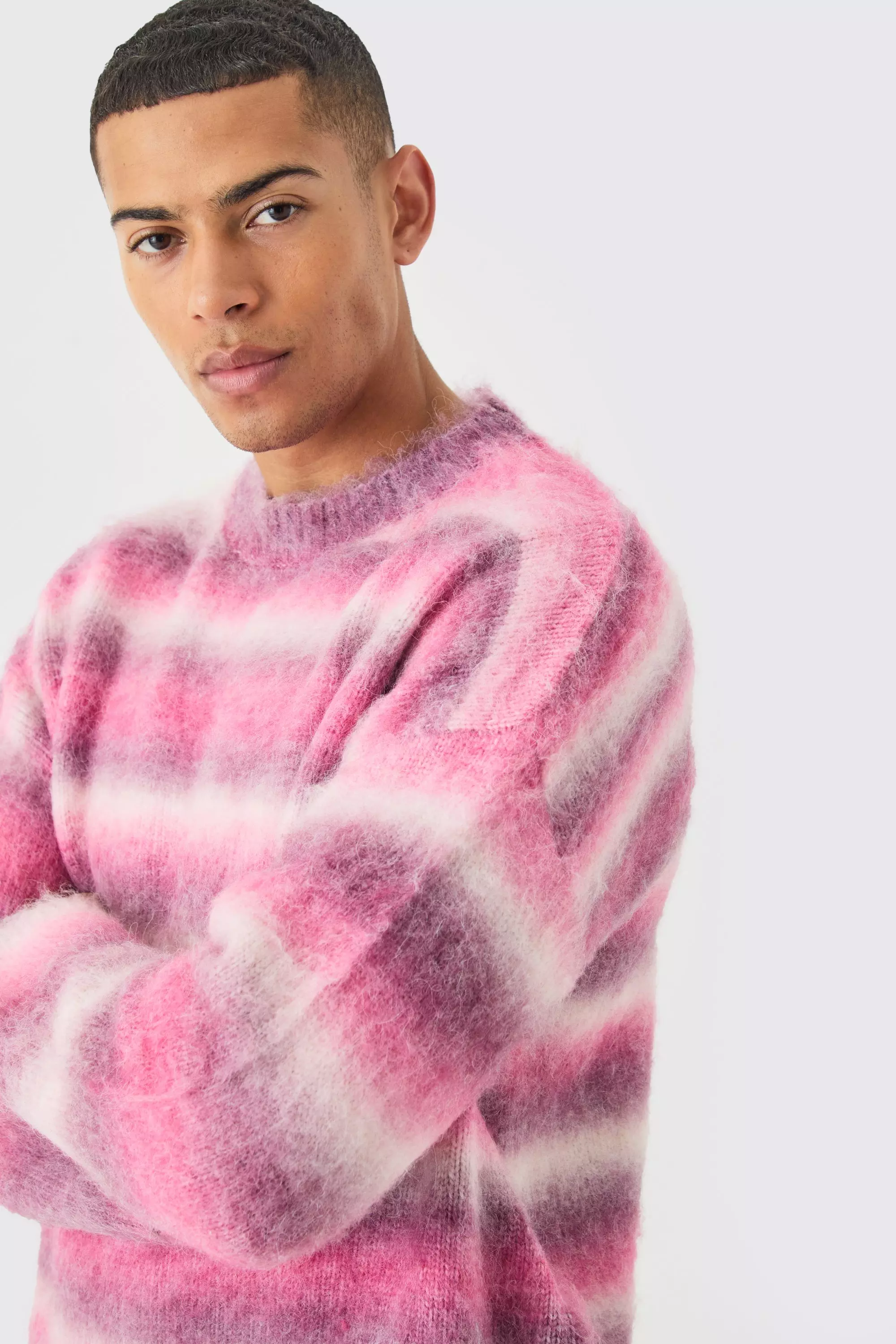 Regular Knitted Brushed Stripe Sweater In Pink alternative image