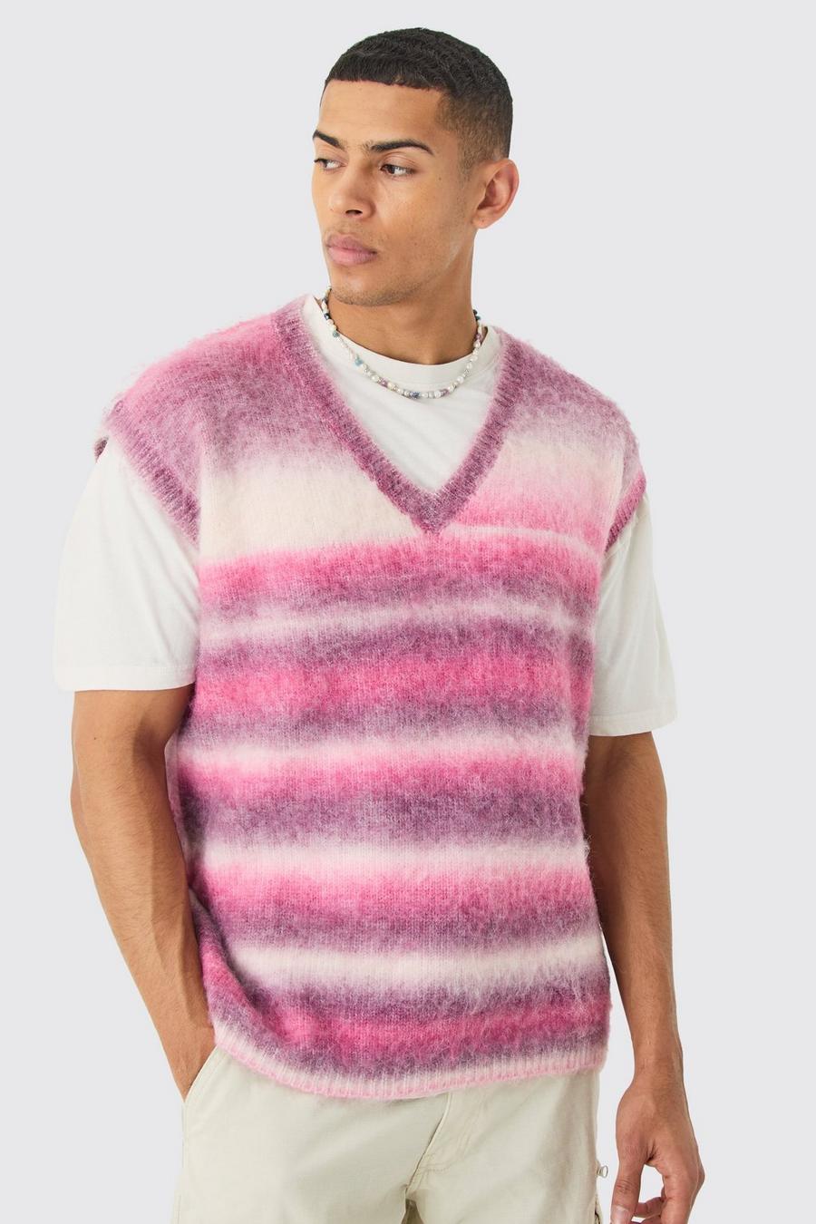 Pink Regular Knitted Brushed Stripe V Neck Tank image number 1