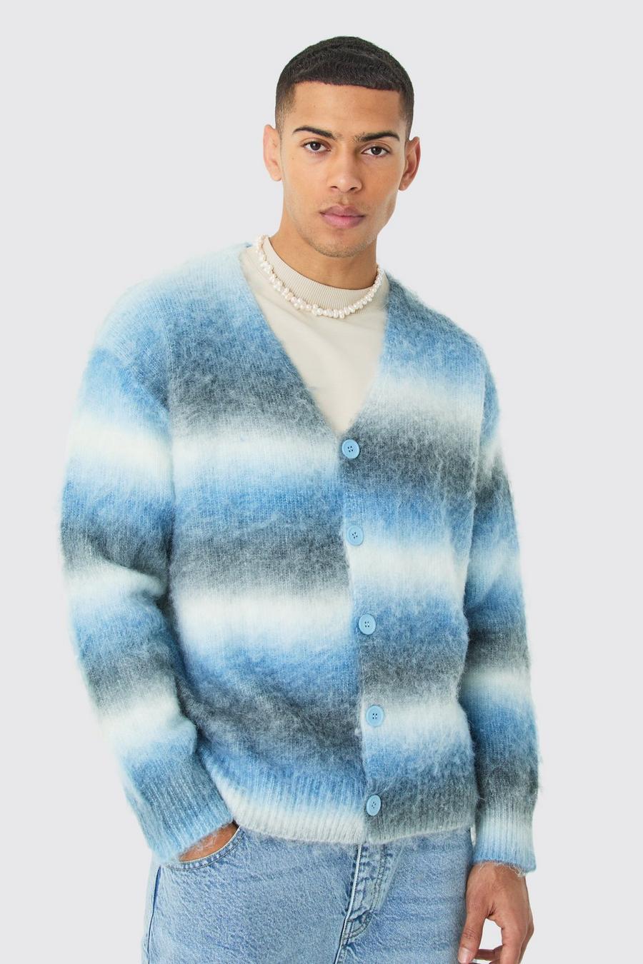 Blue Boxy Fit Knitted Brushed Stripe Cardigan image number 1