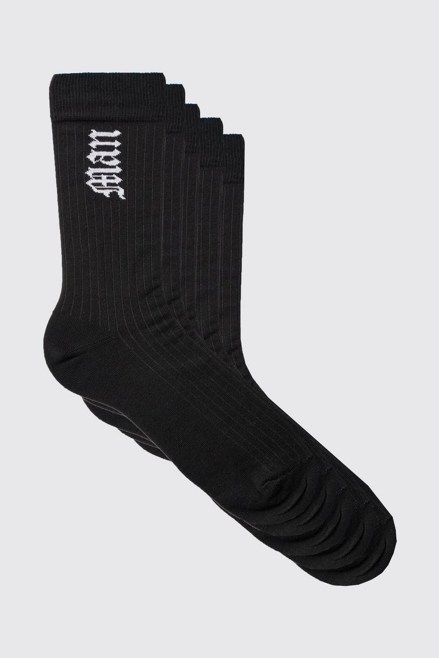 Pack de 5 pares de calcetines deportivos MAN con letras góticas, Black