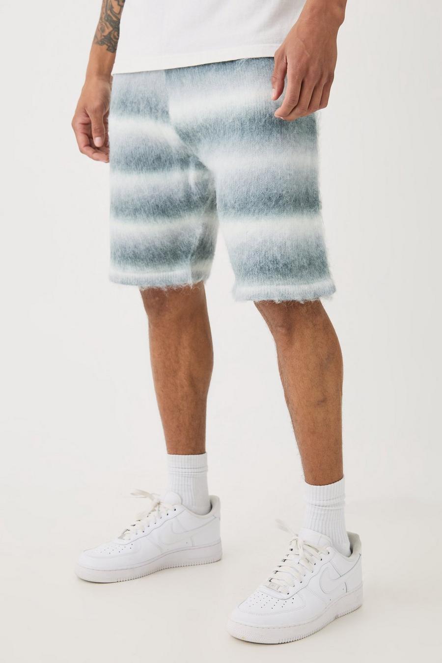 Relaxed Mid Length Knitted Brushed Stripe Short In Teal image number 1
