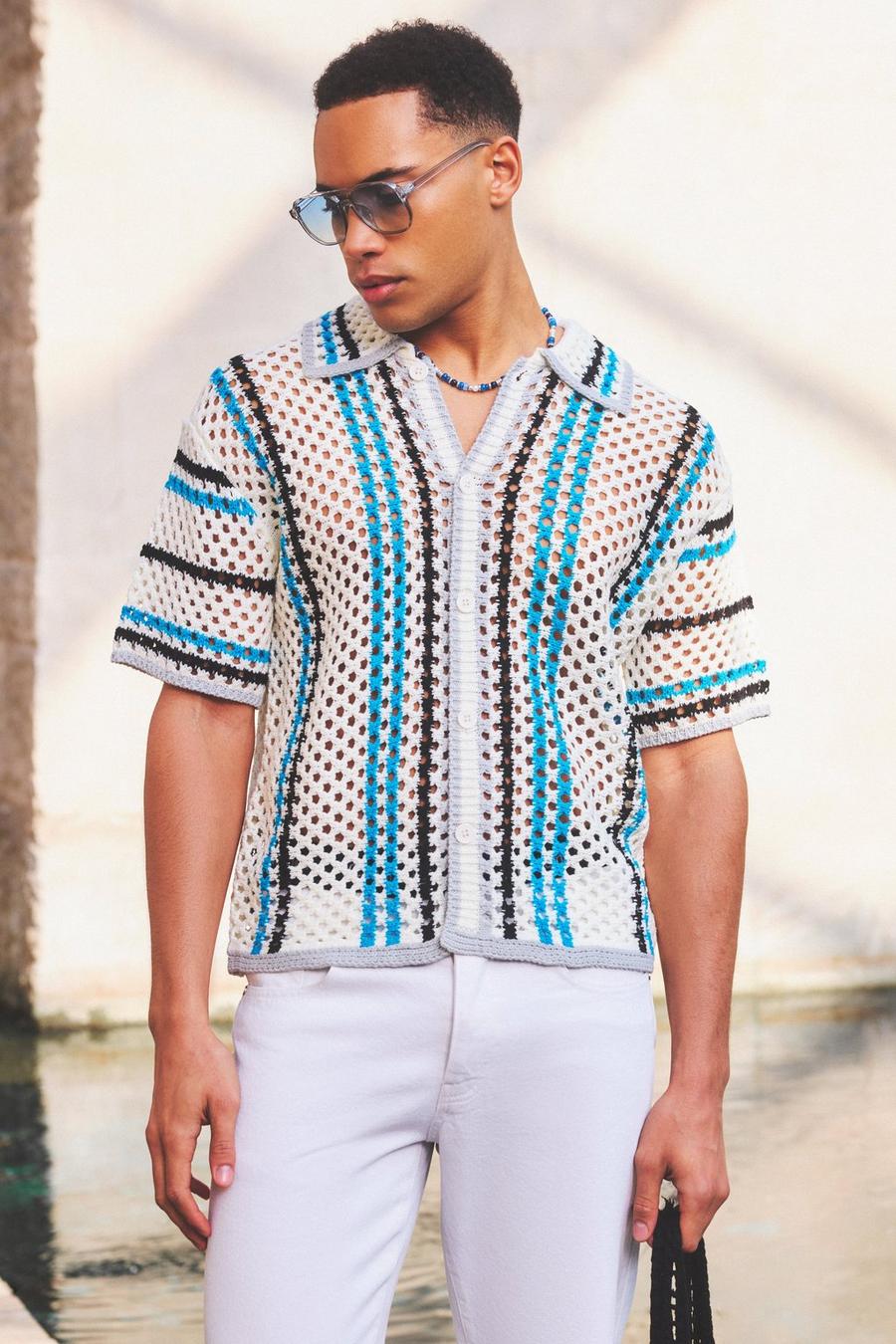 Camicia squadrata oversize aperta in maglia a righe, Ecru image number 1