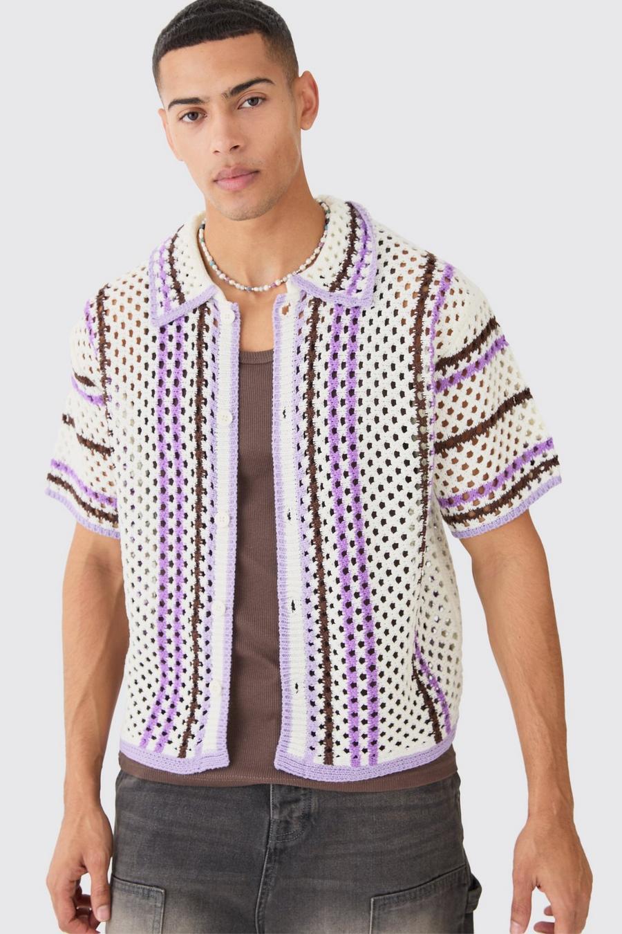 Camicia squadrata oversize aperta in maglia a righe, Multi image number 1