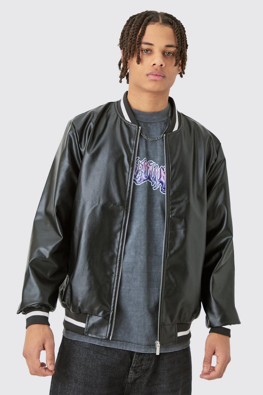 Plain PU Varsity Jacket In Black