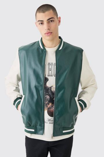 Green Plain PU Varsity Jacket In Green