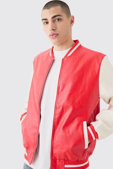 Red Plain PU Varsity Jacket In Red