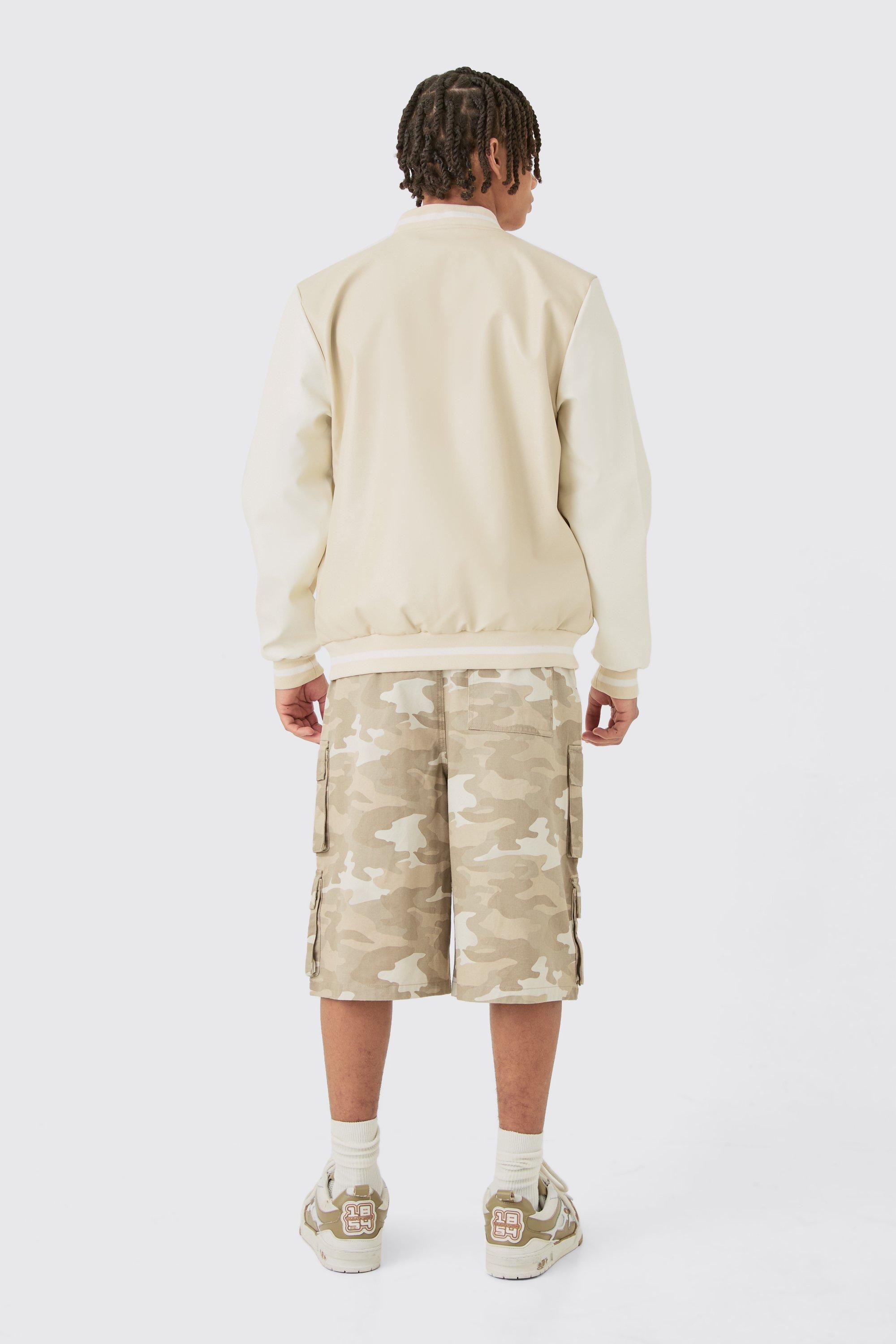 Plain PU Varsity Jacket In Beige | boohoo USA Plain PU Varsity Jacket In Beige | boohoo USA