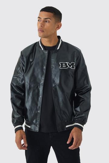 Black PU Badge Varsity Jacket In Black