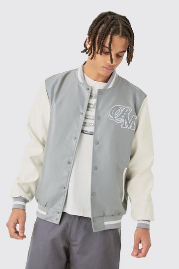 Grey PU Badge Varsity Jacket In Grey