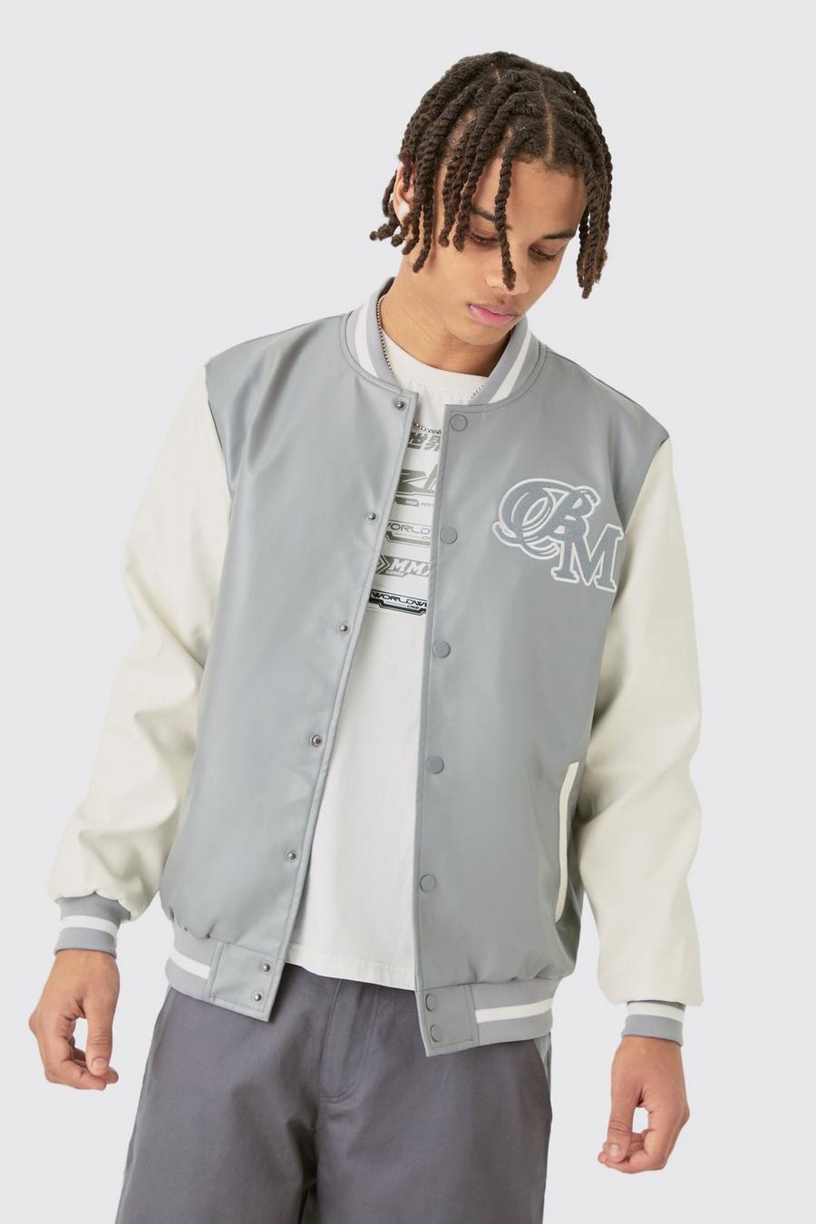 PU Badge Varsity Jacket In Grey | boohoo PU Badge Varsity Jacket In Grey | boohoo