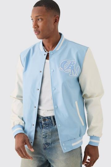 Blue PU Badge Varsity Jacket In Light Blue