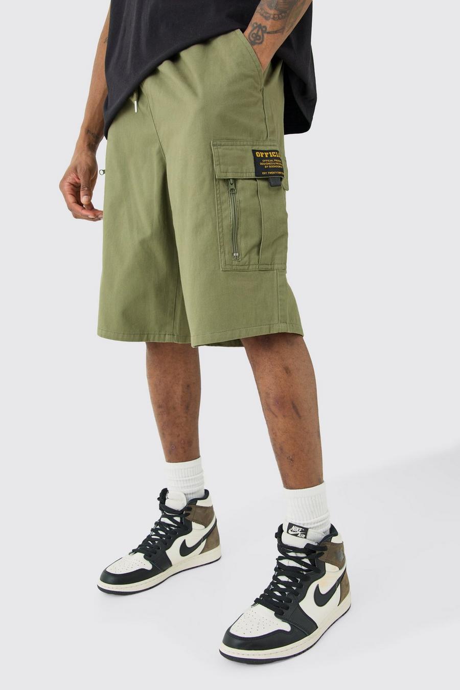 Khaki Tall Fixed Waist Twill Relaxed Cargo Zip Detail Tab Short image number 1