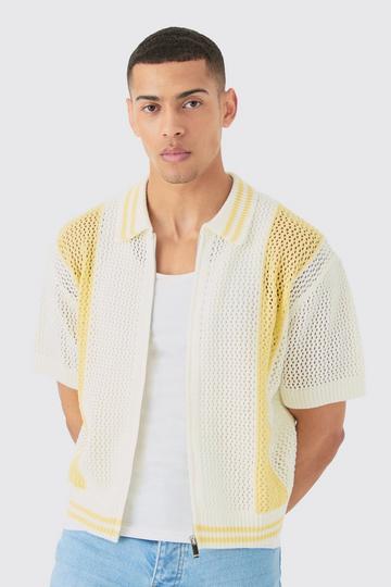 Yellow Boxy Dual Zip Open Stitch Color Block Shirt