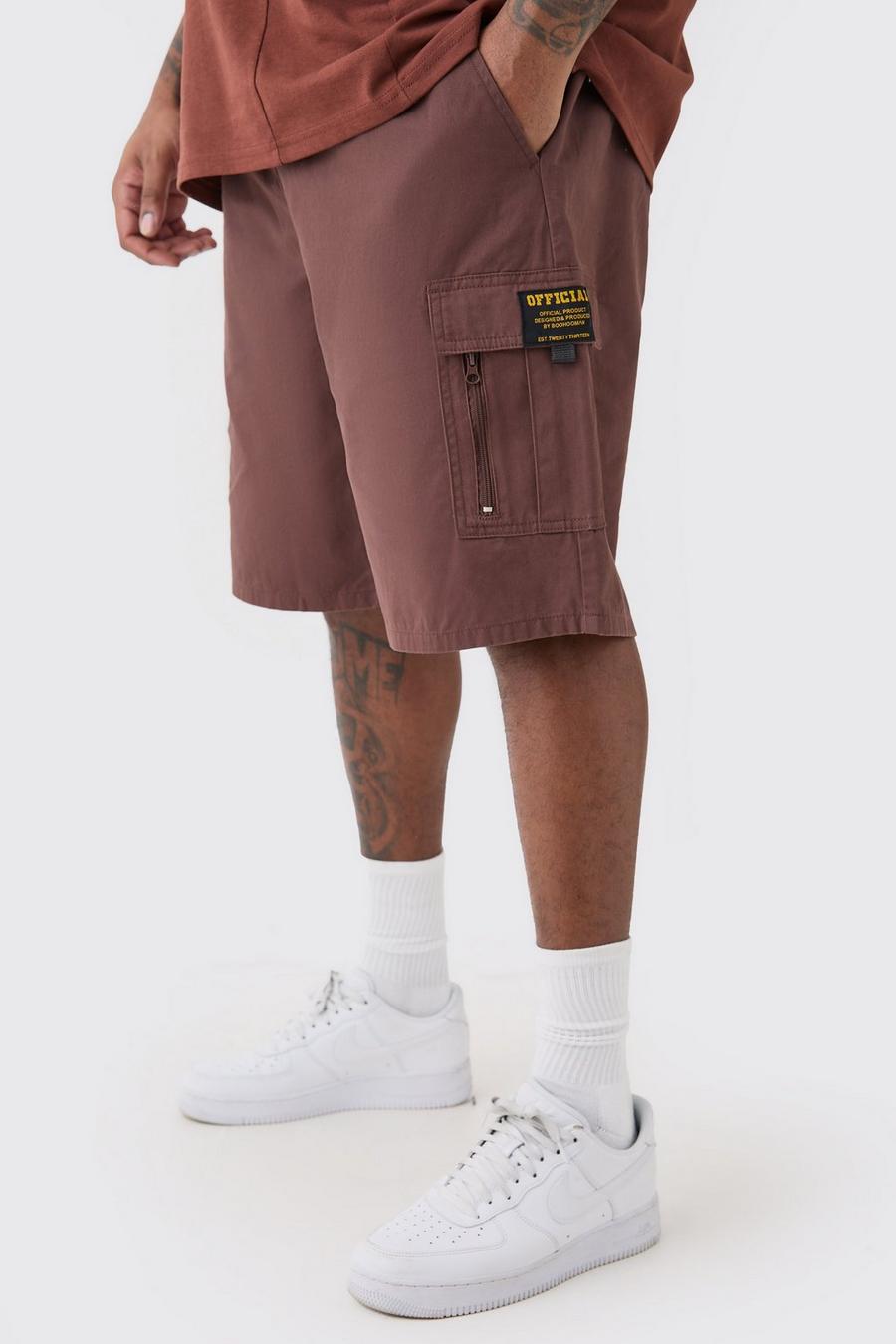 Pantalón corto Plus cargo holgado de sarga con cintura fija y etiqueta con cremallera, Chocolate image number 1